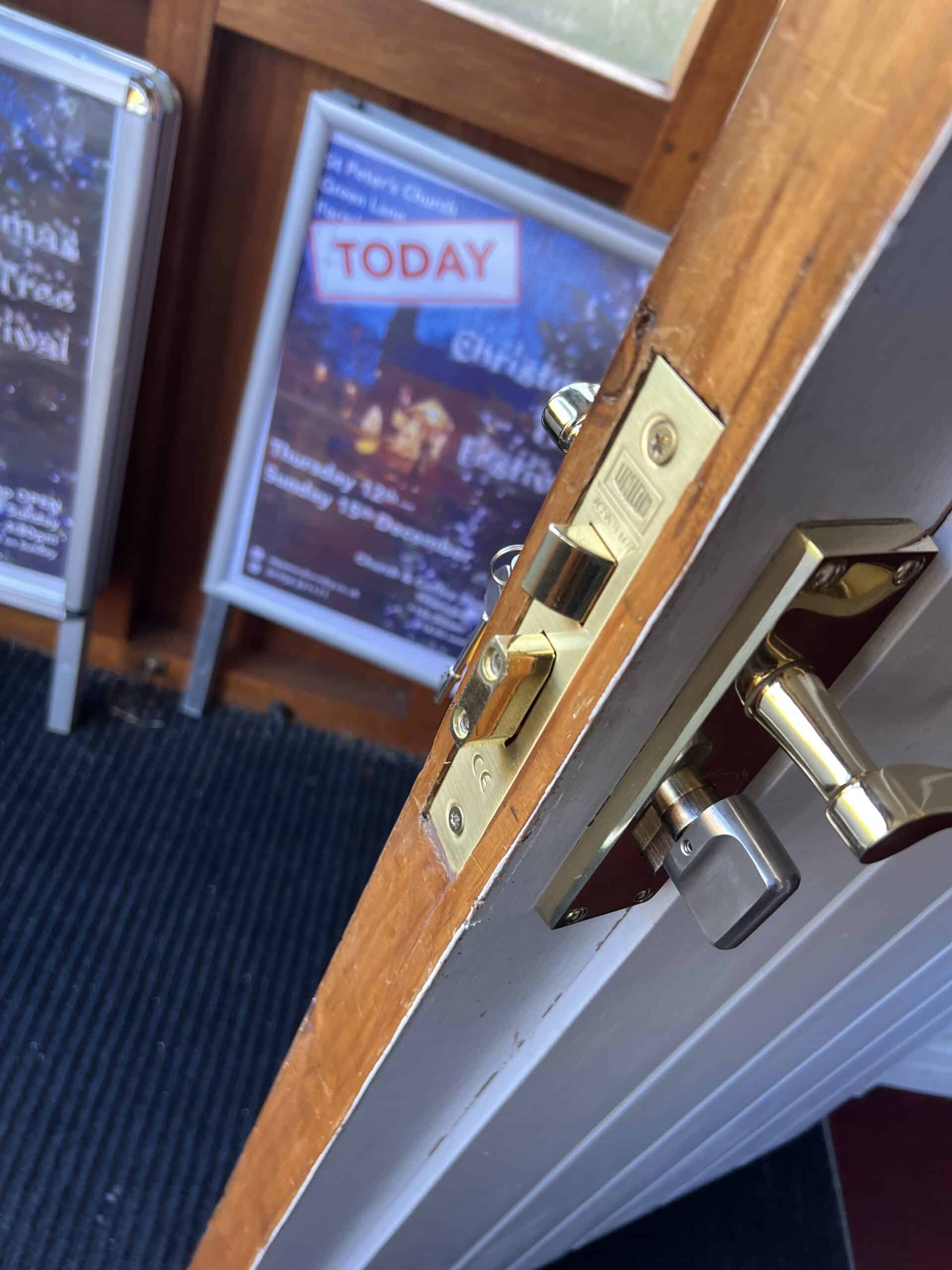 A newly fitted Formby church door handle.